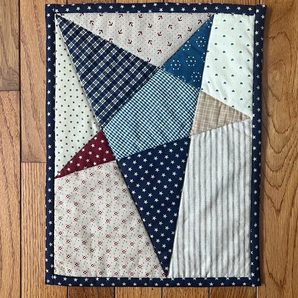Handmade Hand Stitched Patchwork Primitive Star Quilt Placemat Table Topper